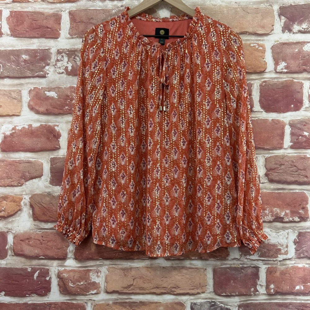 JM Collection Top Women's S Orange Metallic Boho Floral Abstract Tie Neck Shirt